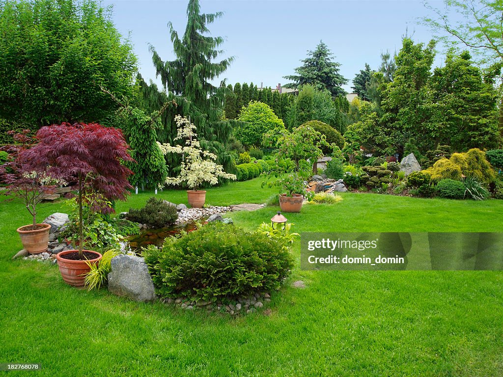 Beautiful manicured garden with bushes, trees, stones, pond, juicy grass