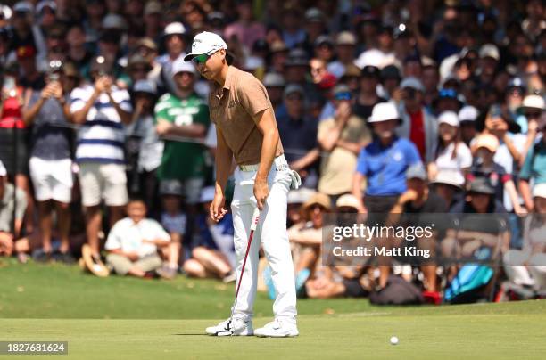 Min Woo Lee of Australia reacts after putting on the 6th green during the ISPS HANDA Australian Open at The Australian Golf Course on December 03,...