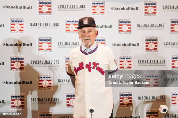Jim Leyland poses for a picture after the Hall of Fame press conference during the Hall of Fame Press Conference at the 2023 MLB Winter Meetings at...