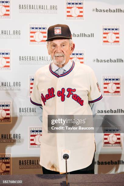 Jim Leyland poses for a picture after the Hall of Fame press conference during the Hall of Fame Press Conference at the 2023 MLB Winter Meetings at...