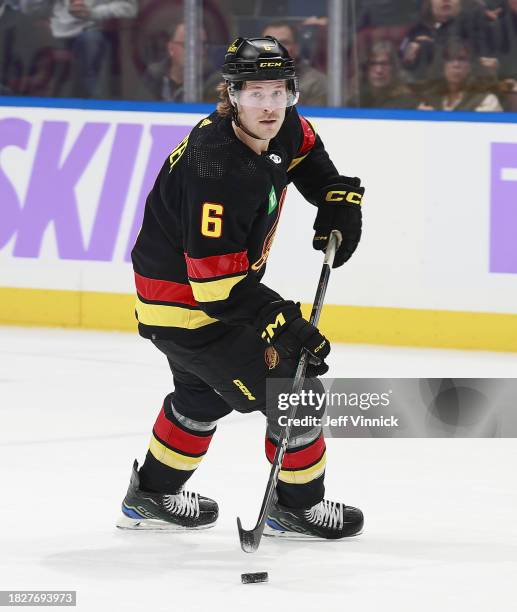 Brock Boeser of the Vancouver Canucks skates up ice during their NHL game against the Anaheim Ducks at Rogers Arena on November 28, 2023 in...
