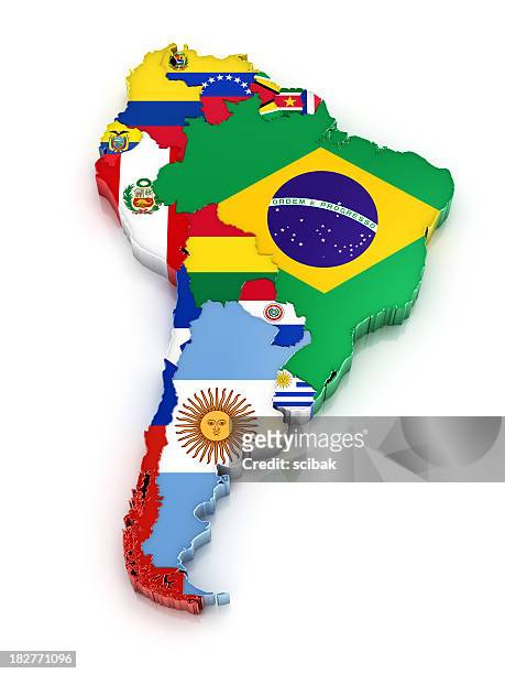 südamerika karte mit flaggen - lateinamerika stock-fotos und bilder