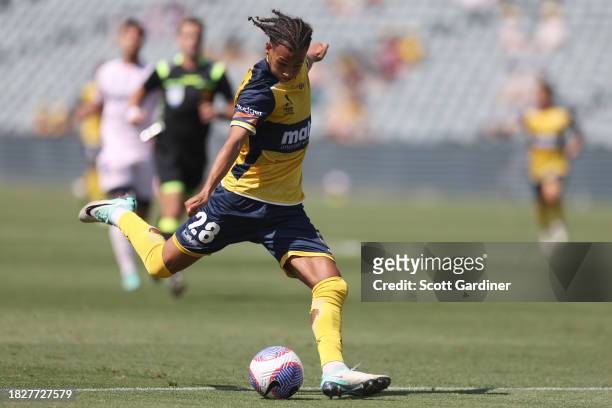 William Wilson of the Mariners kicks the ball during the A-League Men round six match between Central Coast Mariners and Melbourne Victory at...