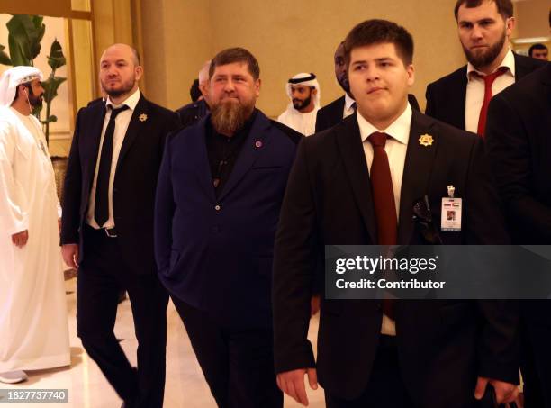 Head of Chechnya Ramzan Kadyrov and his son Adam Kadyrov seen prior to Russian-UAE talks on December 6 in Abu Dhabi, United Arab Emirates. President...