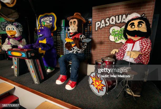 Left to right-"Helen Henny," "Mr. Munch," "Jasper Jowels," and "Pasqually," members of the animatronic band at the Chuck E. Cheese pizza center in...