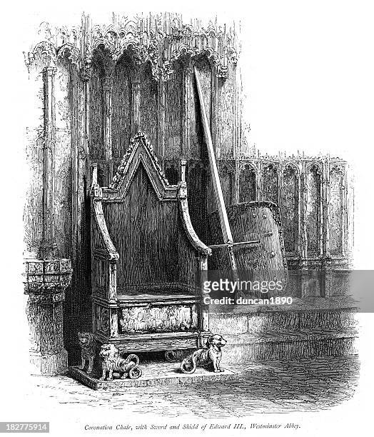 coronation chair with the sword and shield of edward iii - medieval throne stock illustrations