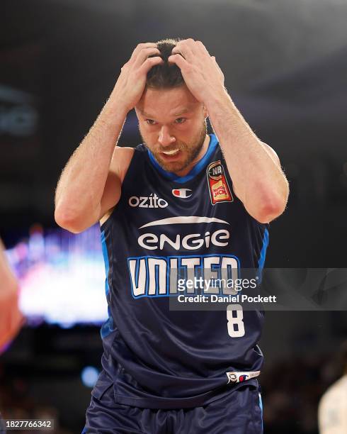 Matthew Dellavedova of United reacts during the round nine NBL match between Melbourne United and Cairns Taipans at John Cain Arena, on December 03...