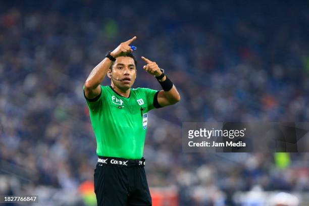Victor Alfonso Caceres, Central referee, gestures during the quarterfinals second leg match between Monterrey and Atletico San Luis as part of the...