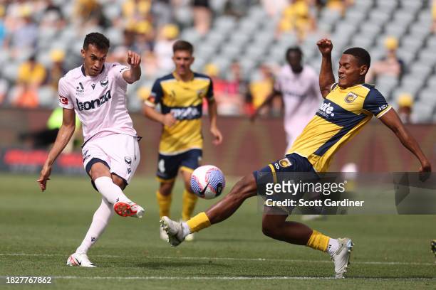 Nishan Velupillay of Melbourne Victory scores a goal during the A-League Men round six match between Central Coast Mariners and Melbourne Victory at...