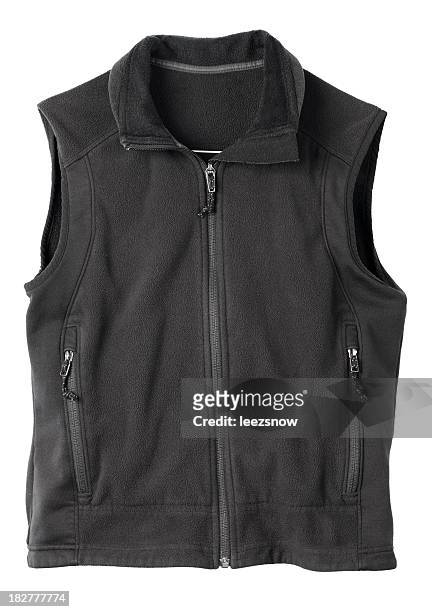 black fleece hiking vest. - waistcoat stock pictures, royalty-free photos & images