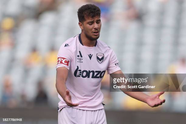 Zinédine Machach of Melbourne Victory reacts to a missed shot on goal during the A-League Men round six match between Central Coast Mariners and...
