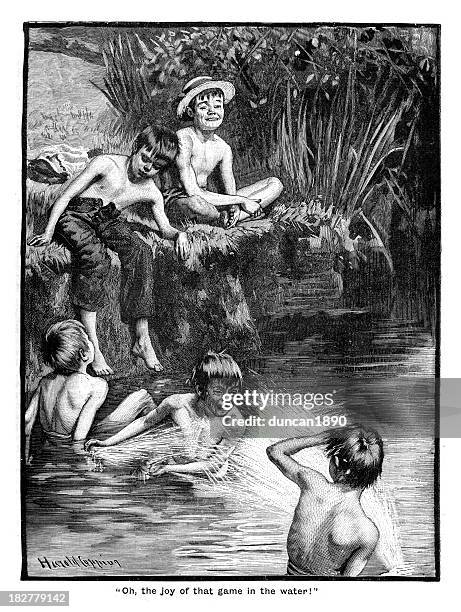 victorian boys at play - children water fight stock illustrations