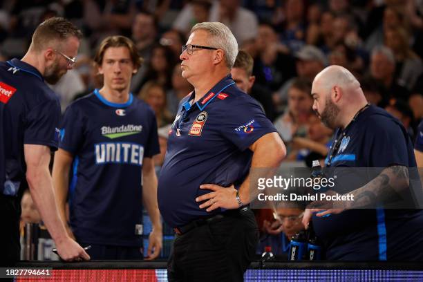 United head coach‎ Dean Vickerman looks on during the round nine NBL match between Melbourne United and Cairns Taipans at John Cain Arena, on...