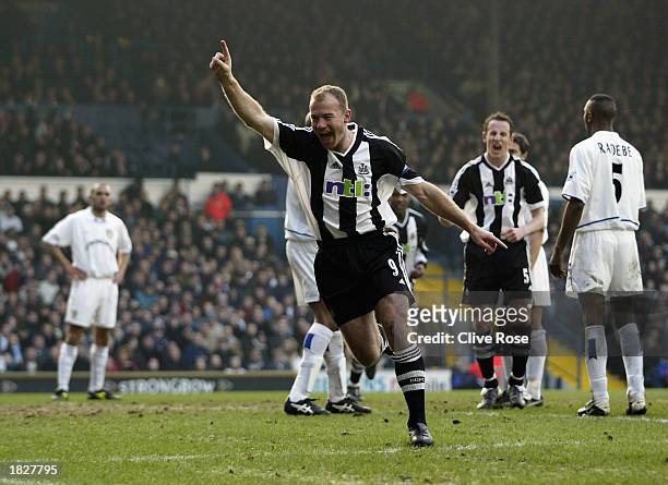 Alan Shearer of Newcastle United celebrates after scoring the third goal during the FA Barclaycard Premiership match between Leeds United and...