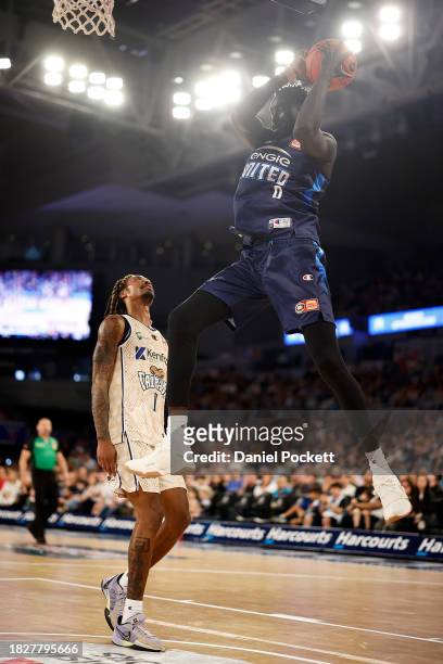 Jo Lual-Acuil Jr of United in action during the round nine NBL match between Melbourne United and Cairns Taipans at John Cain Arena, on December 03...