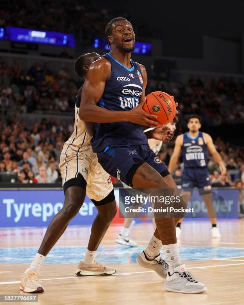 Ariel Hukporti of United pivots during the round nine NBL match between Melbourne United and Cairns Taipans at John Cain Arena, on December 03 in...