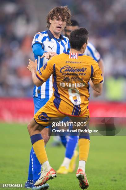 Jordi Cortizo of Monterrey pushes Juan Sanabria of San Luis during the quarterfinals second leg match between Monterrey and Atletico San Luis as part...