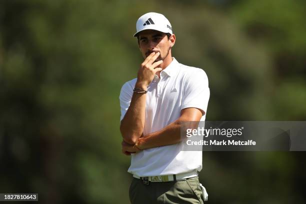Joaquin Niemann of Chile reacts on the 16th green during the ISPS HANDA Australian Open at The Australian Golf Course on December 03, 2023 in Sydney,...