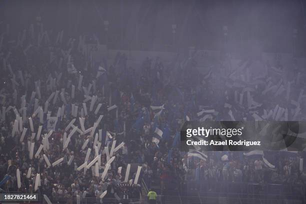 Fans of Monterrey cheer the team during the quarterfinals second leg match between Monterrey and Atletico San Luis as part of the Torneo Apertura...