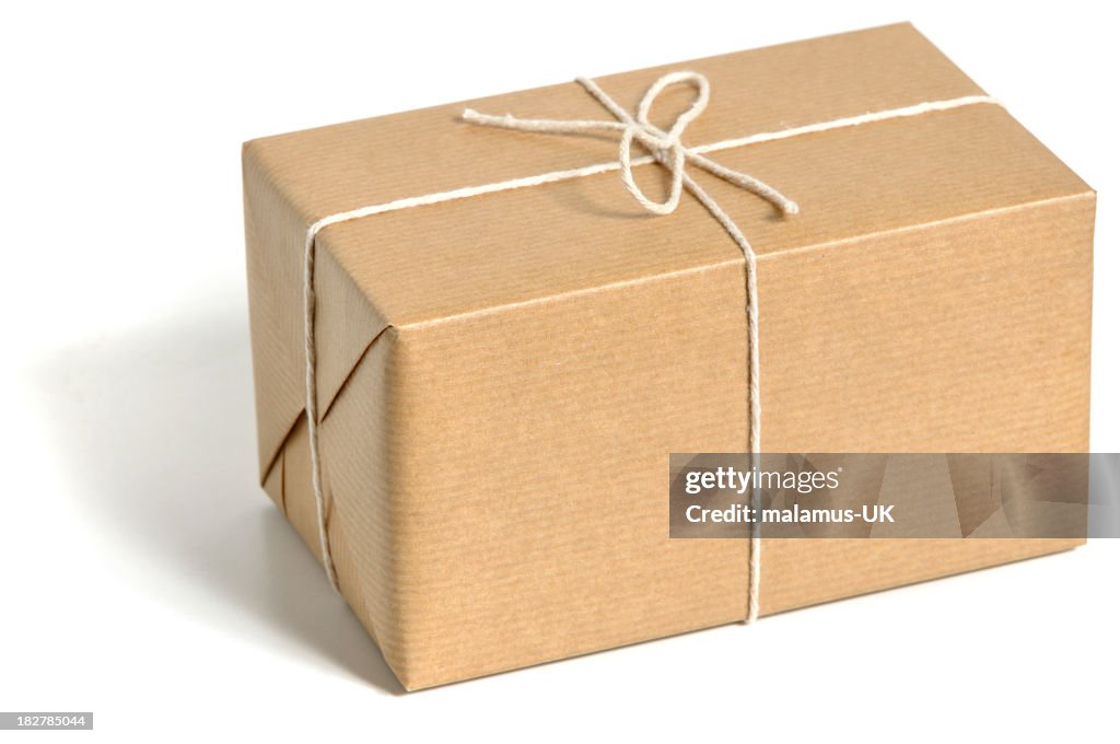 Brown standard size wrapped parcel with thin ropes