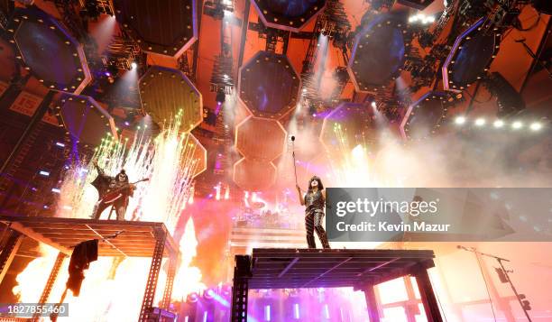 Gene Simmons, Eric Singer, Tommy Thayer and Paul Stanley of KISS perform during the final show of KISS: End of the Road World Tour at Madison Square...