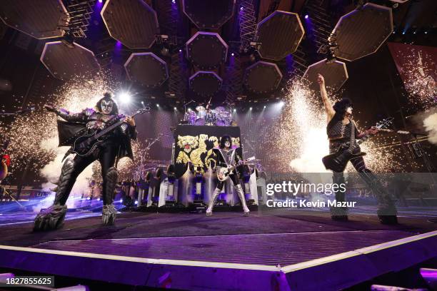 Gene Simmons, Eric Singer, Tommy Thayer and Paul Stanley of KISS perform during the final show of KISS: End of the Road World Tour at Madison Square...