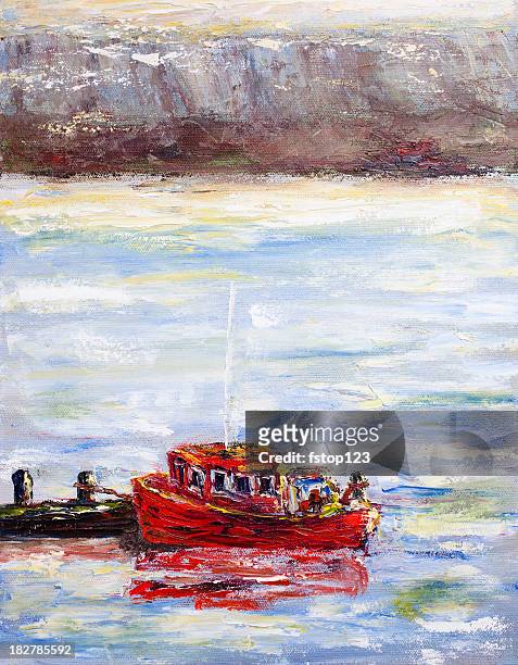 stockillustraties, clipart, cartoons en iconen met painting of a red tug boat  near the docks. - sleepboot