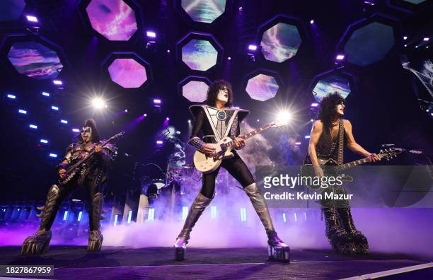 Gene Simmons, Tommy Thayer and Paul Stanley of KISS perform during the final show of KISS: End of the Road World Tour at Madison Square Garden on...