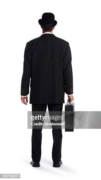 back of business man on white - hat and suit stock pictures, royalty-free photos & images