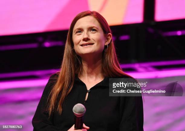 Bonnie Wright speaks onstage during the "Harry Potter" panel at Los Angeles Comic Con at Los Angeles Convention Center on December 02, 2023 in Los...