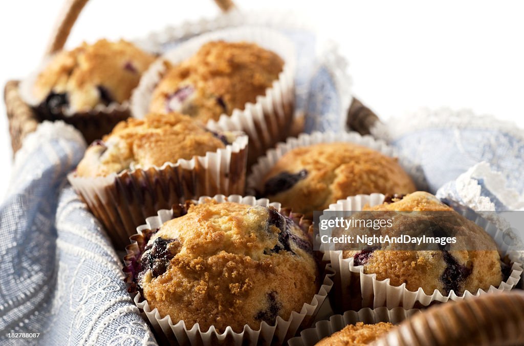 Close-up of blueberry muffins in rectangular basket