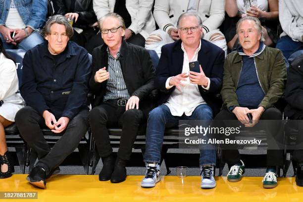Cameron Crowe, Bill Maher, a guest and Don Johnson attend a basketball game between the Los Angeles Lakers and the Houston Rockets at Crypto.com...