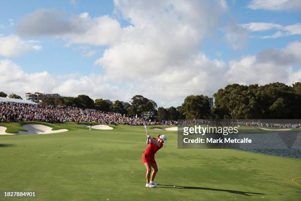 Minjee Lee of Australia plays a shot on the 18th hole during the ISPS HANDA Australian Open at The Australian Golf Course on December 03, 2023 in...