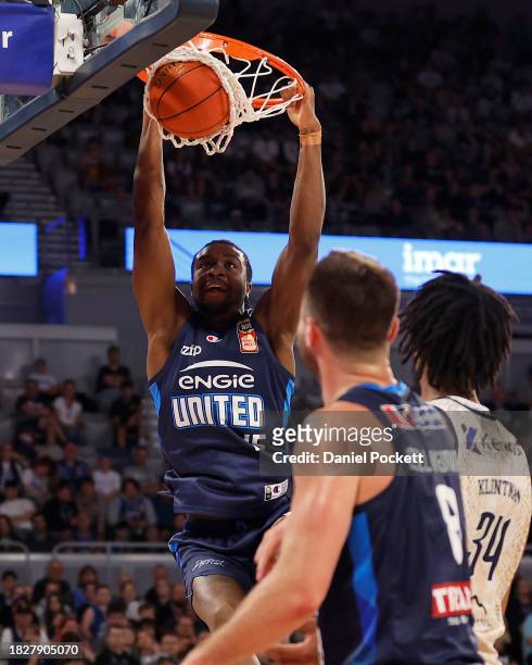 Ariel Hukporti of United dunks during the round nine NBL match between Melbourne United and Cairns Taipans at John Cain Arena, on December 03 in...