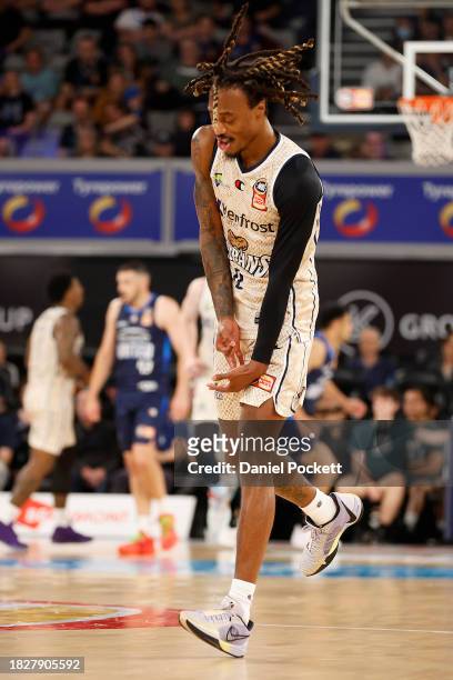 Tahjere McCall of the Taipans celebrates a three pointer during the round nine NBL match between Melbourne United and Cairns Taipans at John Cain...