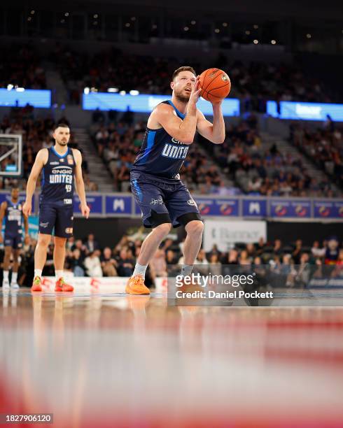 Matthew Dellavedova of United shoots a free throw during the round nine NBL match between Melbourne United and Cairns Taipans at John Cain Arena, on...