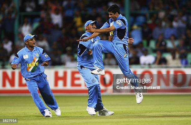 Ashish Nehra of India celebrates the wicket of Craig White of England during the ICC Cricket World Cup 2003, Pool A match between England and India...