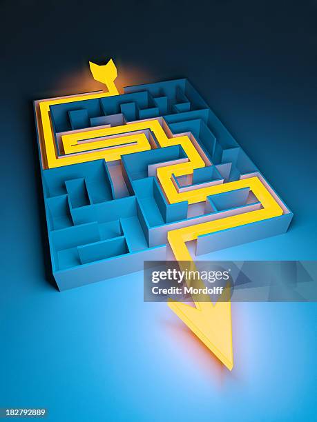 abstract labyrinth with illuminated solution path - maze solution stock pictures, royalty-free photos & images