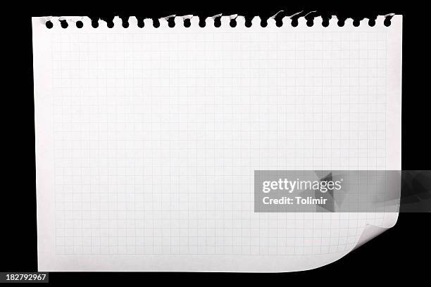 high resolution notepad page isolated on black - perforated paper stock pictures, royalty-free photos & images