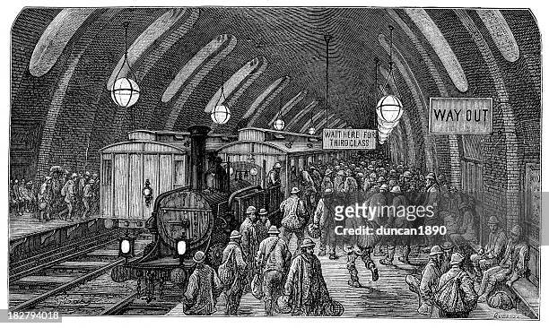 bildbanksillustrationer, clip art samt tecknat material och ikoner med victorian london - the workmen's train - tunnelbaneplattform