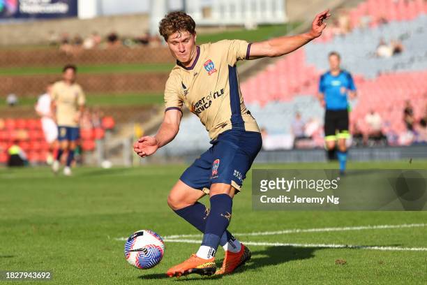 Lucas Mauragis of the Jets clears the ball during the A-League Men round six match between Newcastle Jets and Melbourne City at McDonald Jones...