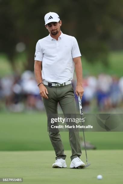 Joaquin Niemann of Chile reacts after missing a putt on the 18th green to win during playoffs against Rikuya Hoshino of Japan in the ISPS HANDA...