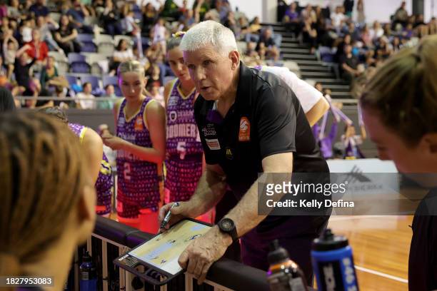 Chris Lucas, Coach of the Boomers speaks to players during the WNBL match between Melbourne Boomers and Perth Lynx at Melbourne Sports Centres -...