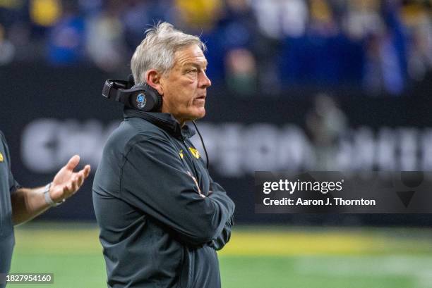 Head Football Coach Kirk Ferentz of the Iowa Hawkeyes is seen on the sideline during the second half of the Big Ten Championship against the Michigan...