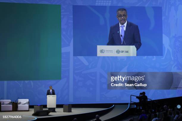 Tedros Ghebreyesu, Director General of the World Health Organization , speaks at the Health Day Opening Session on day four of the UNFCCC COP28...