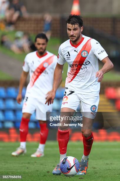Terry Antonis of Melbourne City looks to pass during the A-League Men round six match between Newcastle Jets and Melbourne City at McDonald Jones...