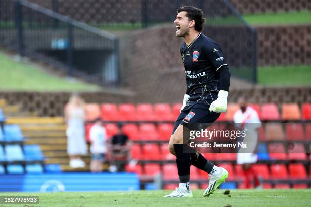 Goalkeeper of the Jets Ryan Scott reacts during the A-League Men round six match between Newcastle Jets and Melbourne City at McDonald Jones Stadium,...