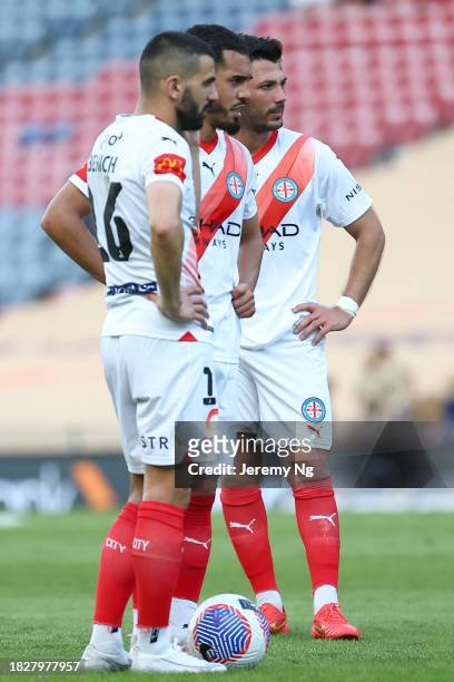 Melbourne City look on during the A-League Men round six match between Newcastle Jets and Melbourne City at McDonald Jones Stadium, on December 03 in...