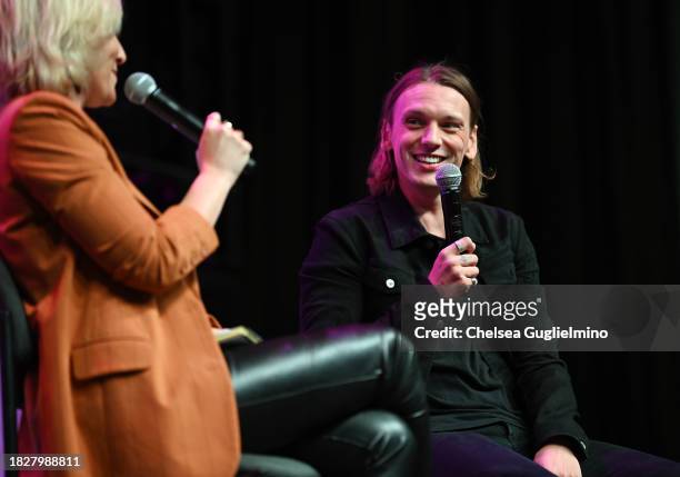 Emma Fyffe and Jamie Campbell Bower speak during the Spotlight on: Jamie Campbell Bower panel at Los Angeles Comic Con at Los Angeles Convention...