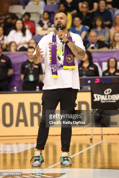 Alex Kerr, Wurundjeri Traditional Owner gives the Welcome to Country during the WNBL match between Melbourne Boomers and Perth Lynx at Melbourne...